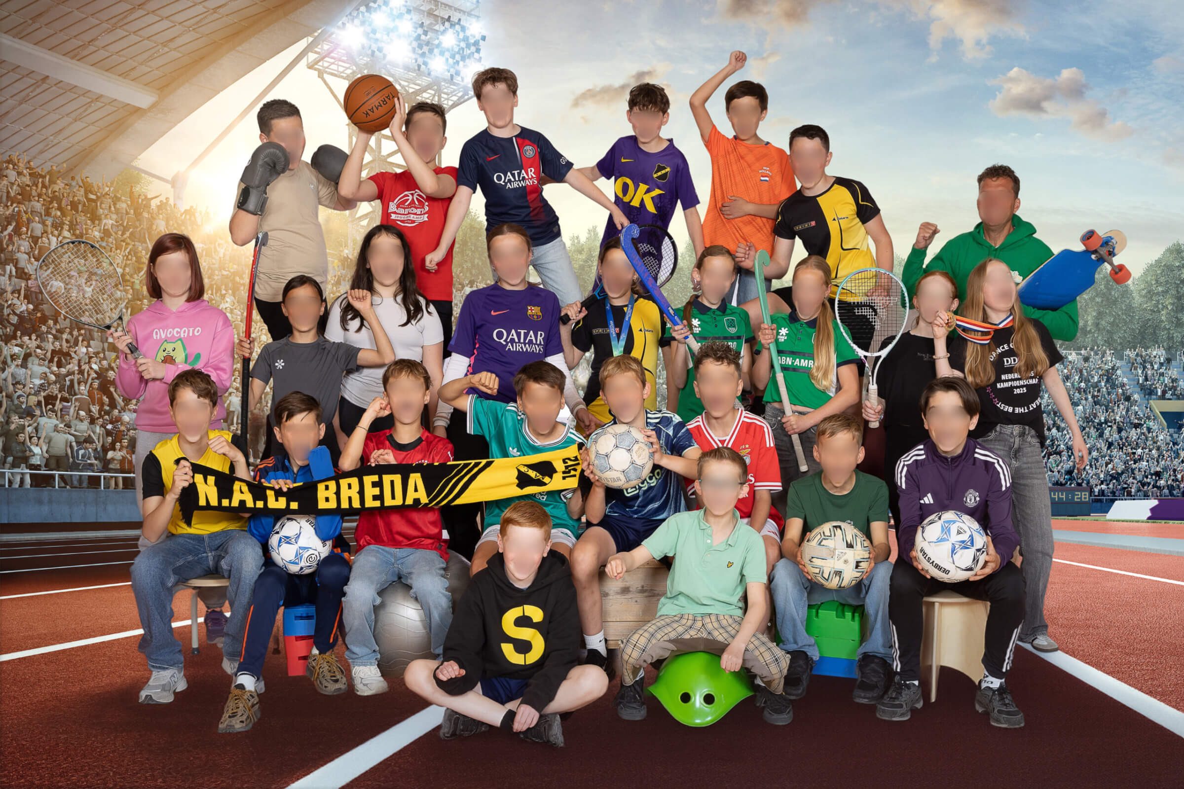 Originele en vrolijke afscheidsfoto van groep 8 in een stadion sport thema met verkleedkleding