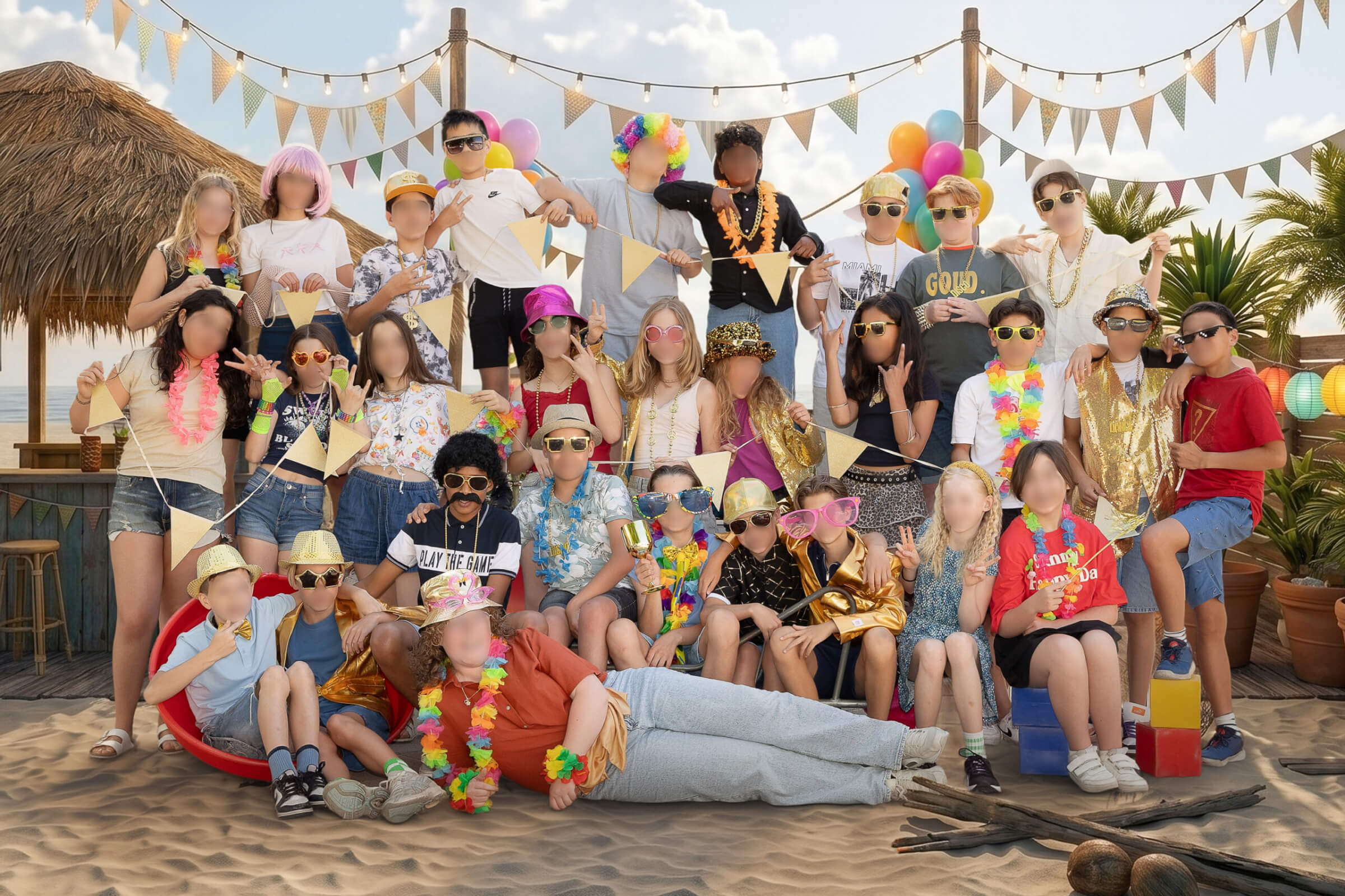Originele en vrolijke afscheidsfoto van groep 8 op het strand in een zomers feestthema met verkleedkleding.